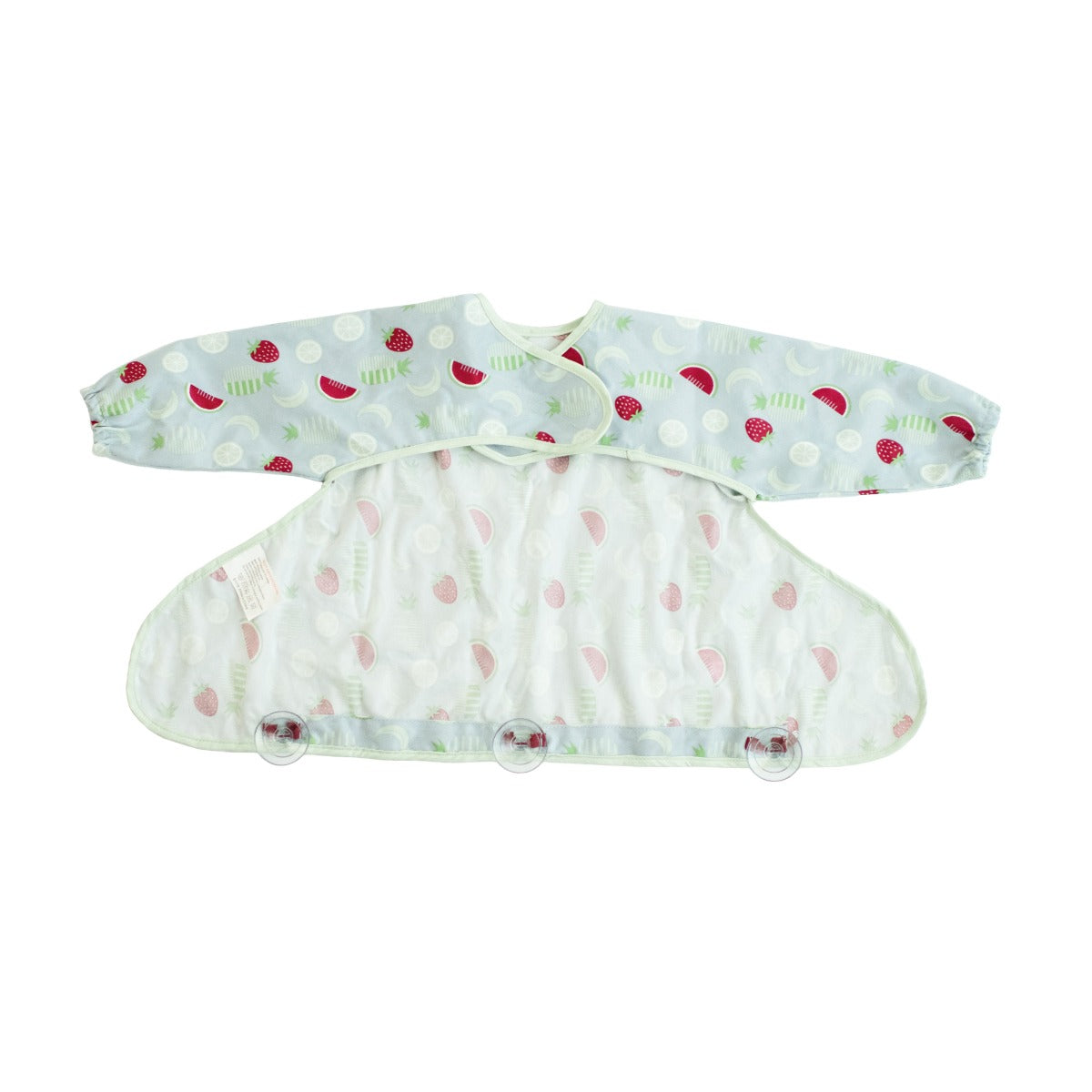 Rear view of long sleeve bib with fruits print