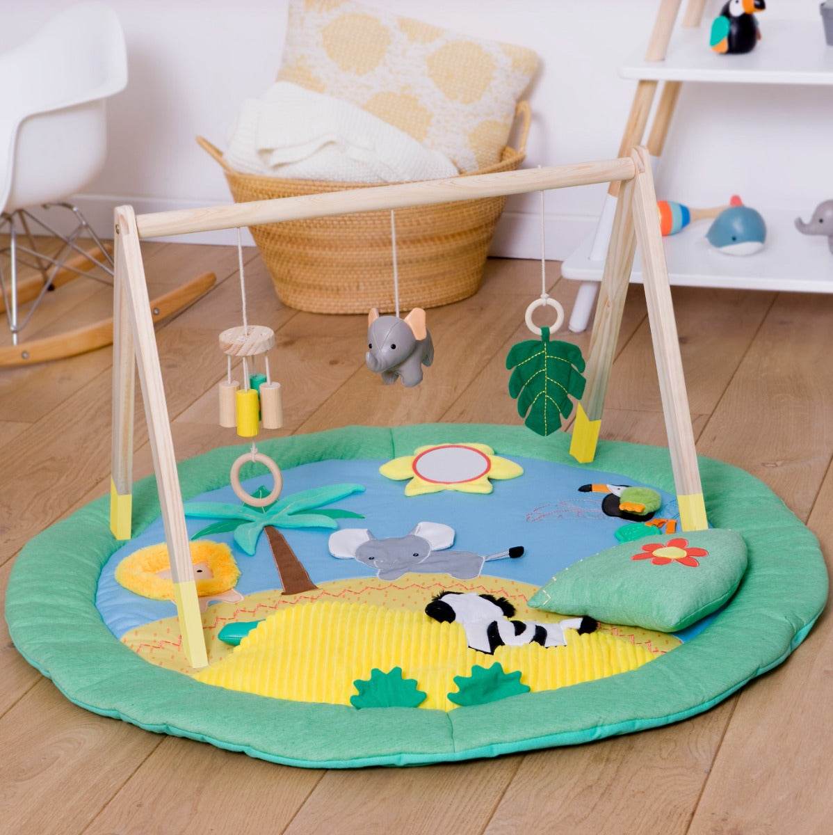 Wooden Activity gym and playmat with jungle theme