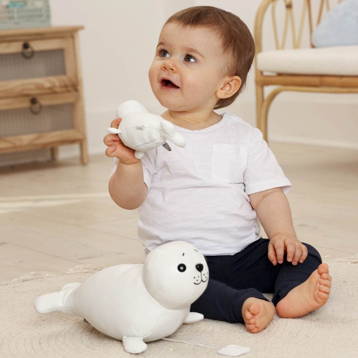 Baby boy playing with tiny and musical seal toy