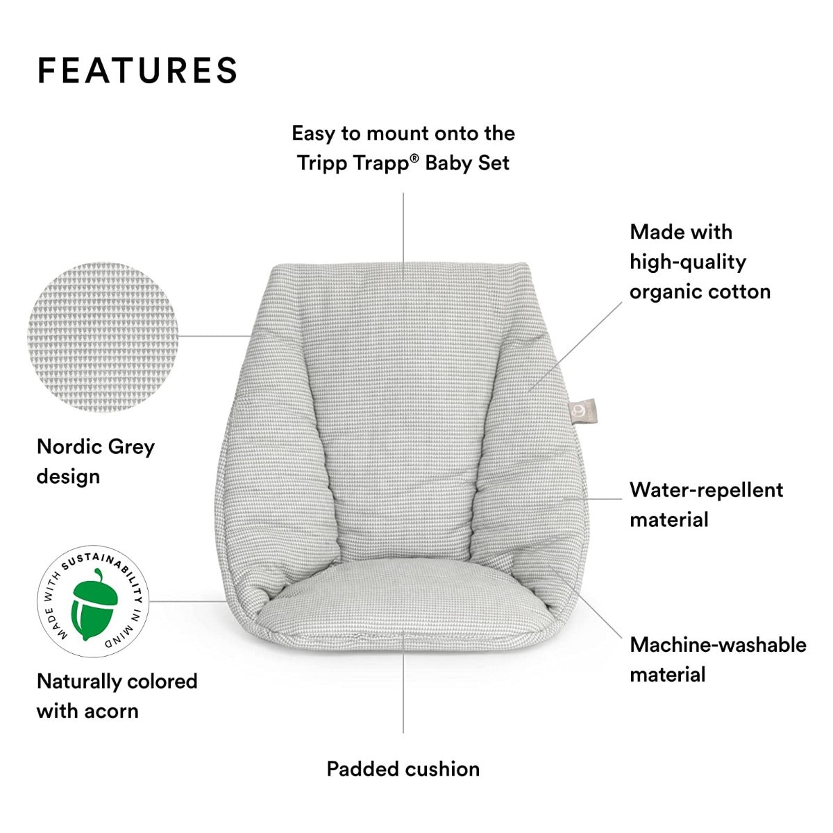 Stokke Tripp Trapp Baby Cushion Nordic Grey Features Diagram