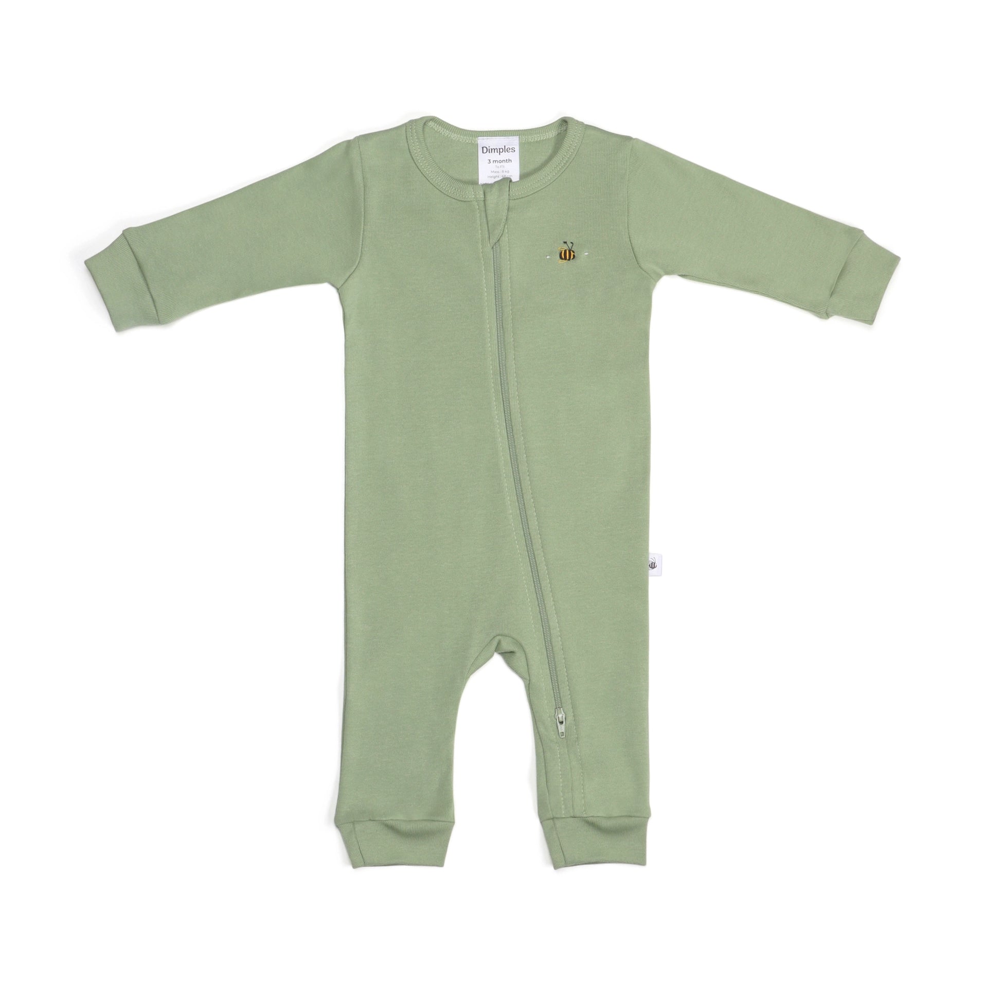Cotton Zip Babygrow NB Apple Green - Dimples