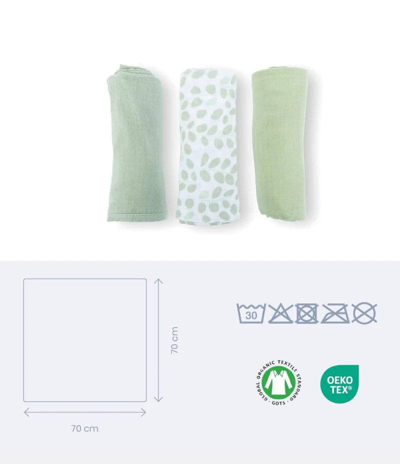 Doomoo Set of 3 Muslin Cloths Mini Leaves Green - doomoo