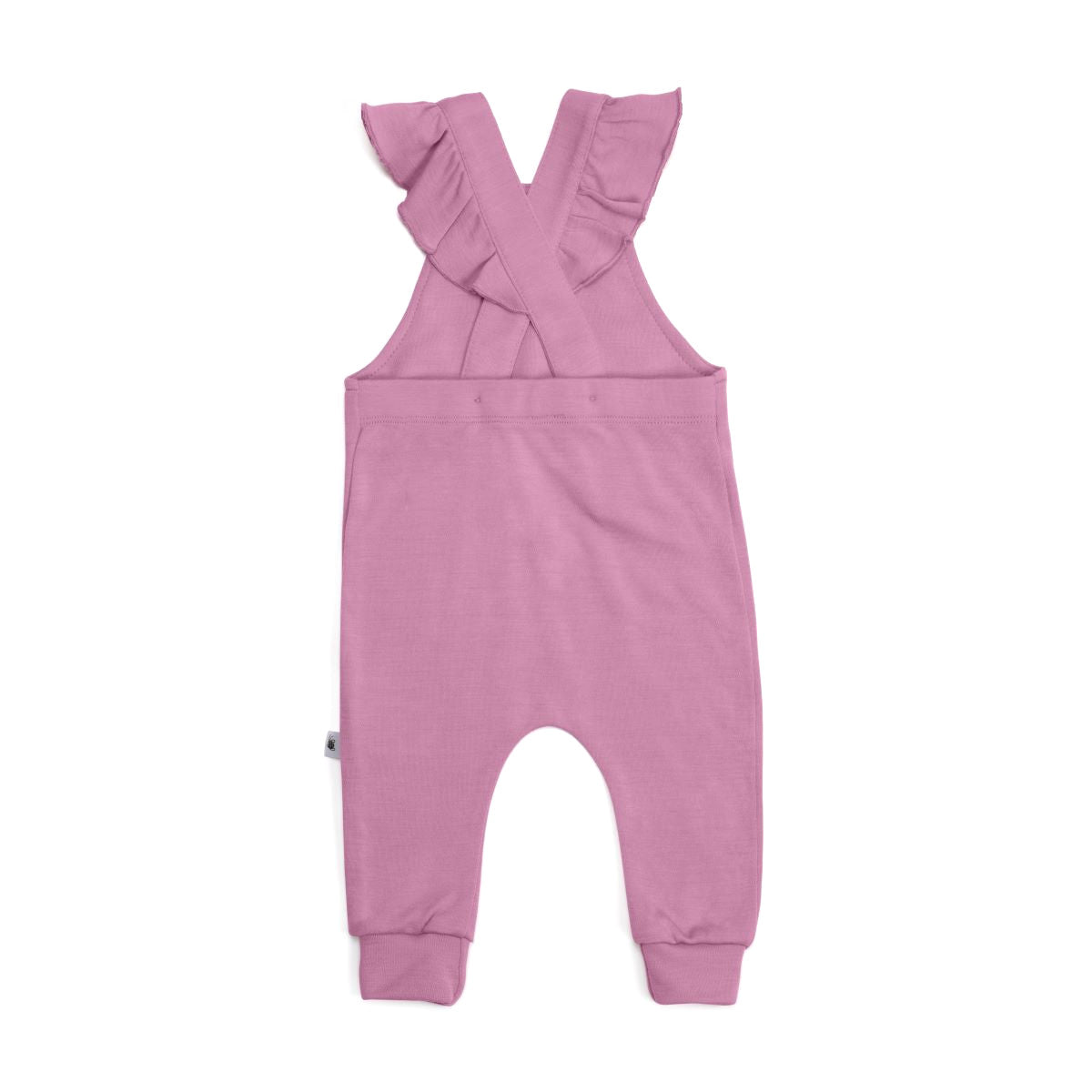 Rear view of orchid merino frill overall