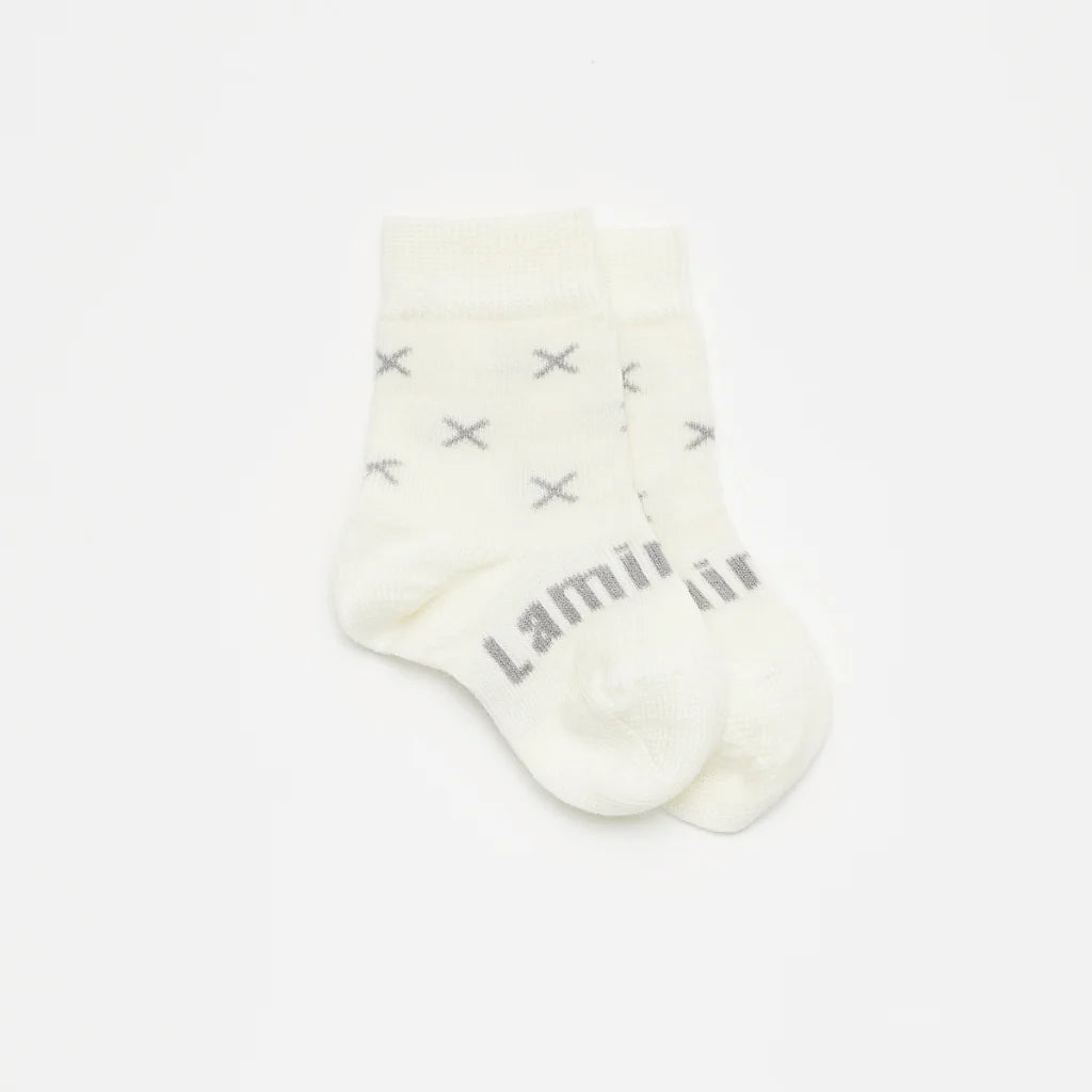 Baby Merino Wool Crew Socks in white with grey cross:image,small_image,thumbnail