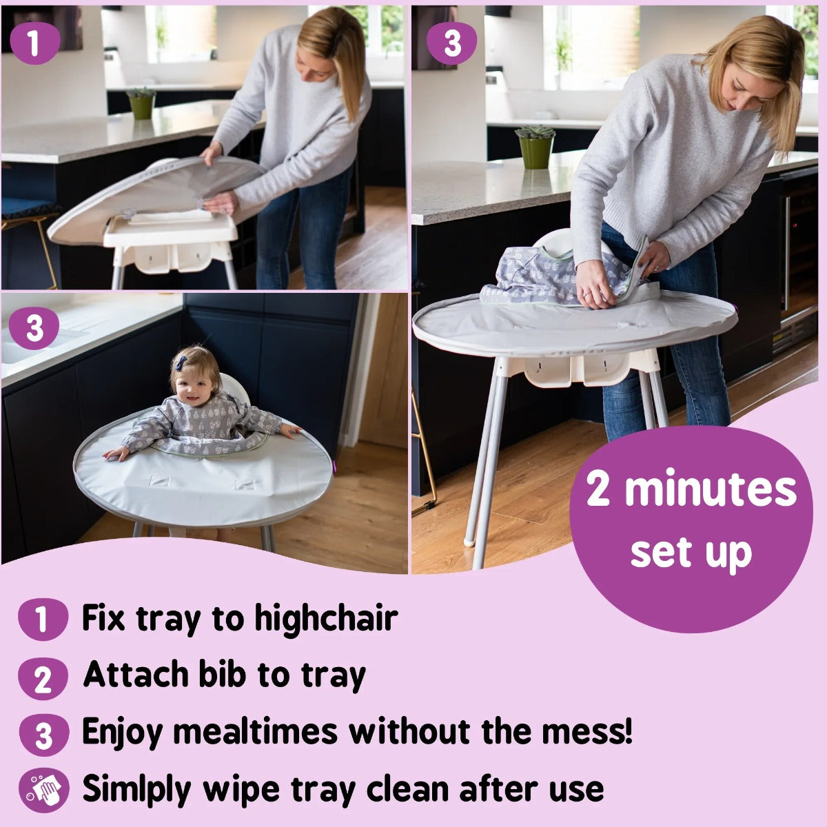 Setup steps of baby feeding tray and bib