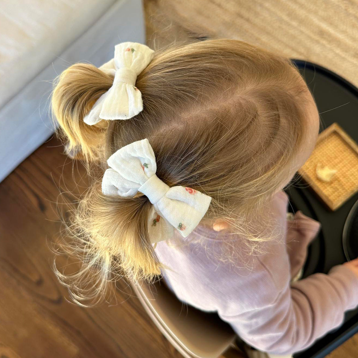 Harper Wearing Fliss & Frankie Muslin Tie Bow Clip Rosie