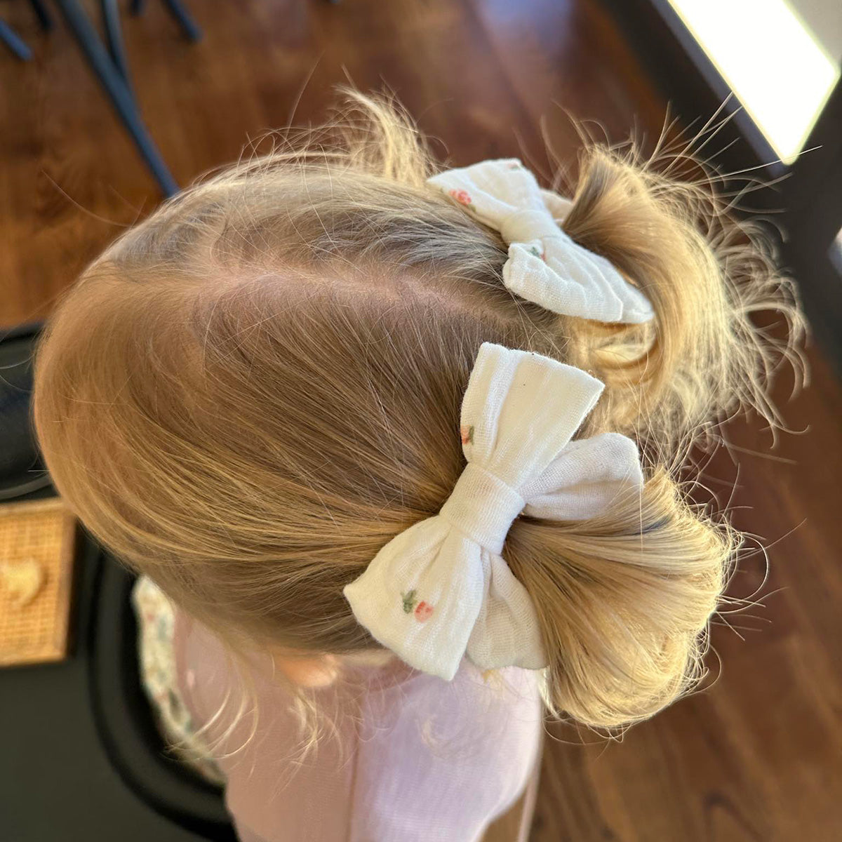 Harper Wearing Fliss & Frankie Muslin Tie Bow Clip Rosie