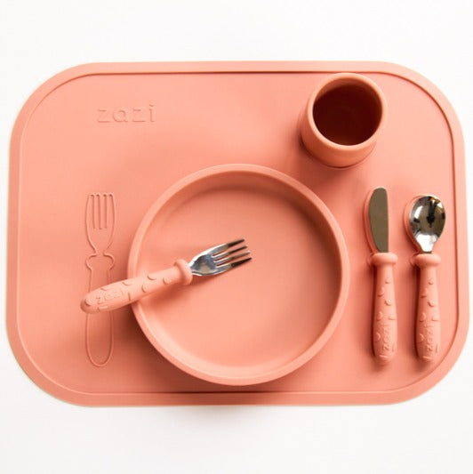 Zazi silicone baby plate with cup, cutlery set and table mat
