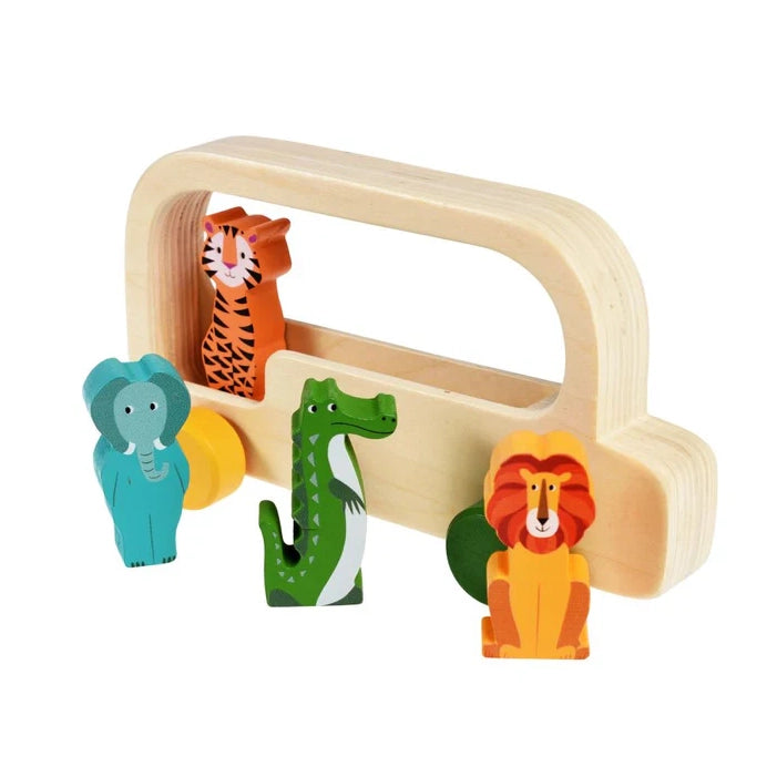 Wooden toy with animal figures including a lion, elephant, and crocodile on a white background