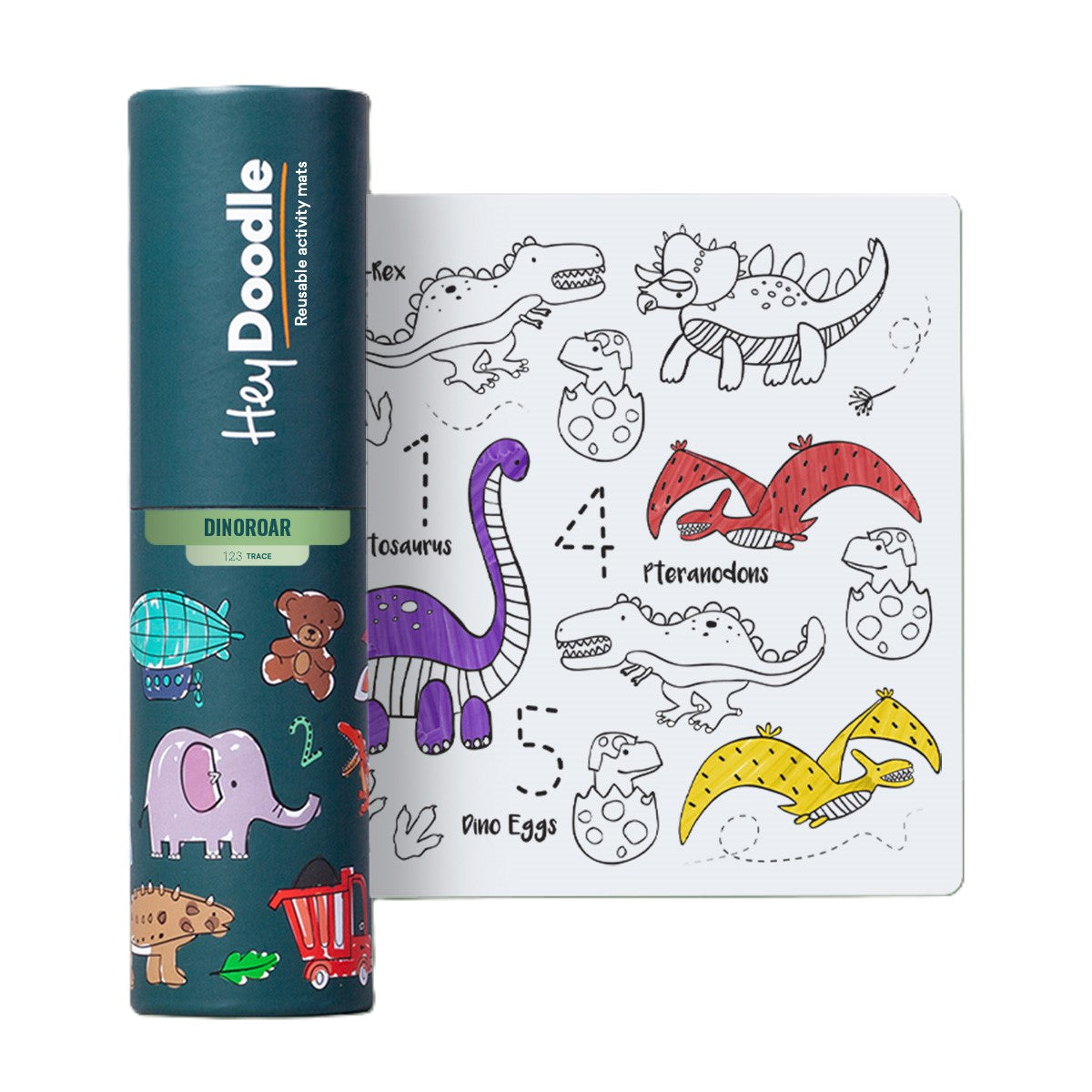 Dinosaurs reusable silicone colouring and doodle mat from HeyDoodle with markers:image,small_image,thumbnail,swatch_image