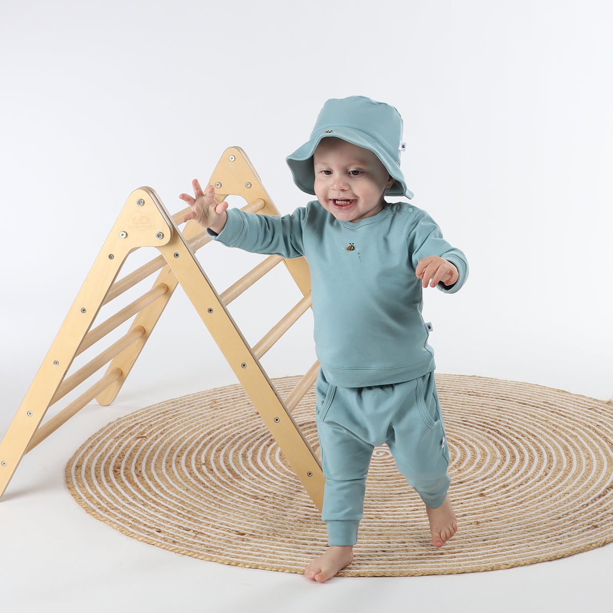 Cotton boys pants with pockets pairing it with sunhat and long sleeve tshirt