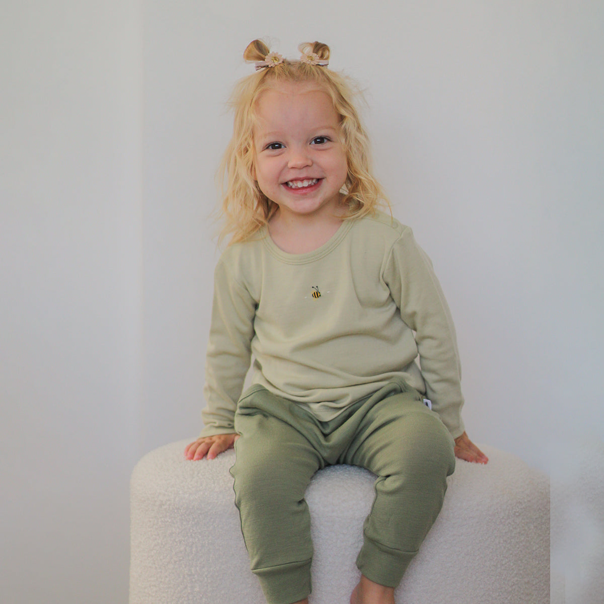 Arctic Adventure Merino Pants in Moss in Moss colour from dimples New Zealand pairing it with tea green sleeve top