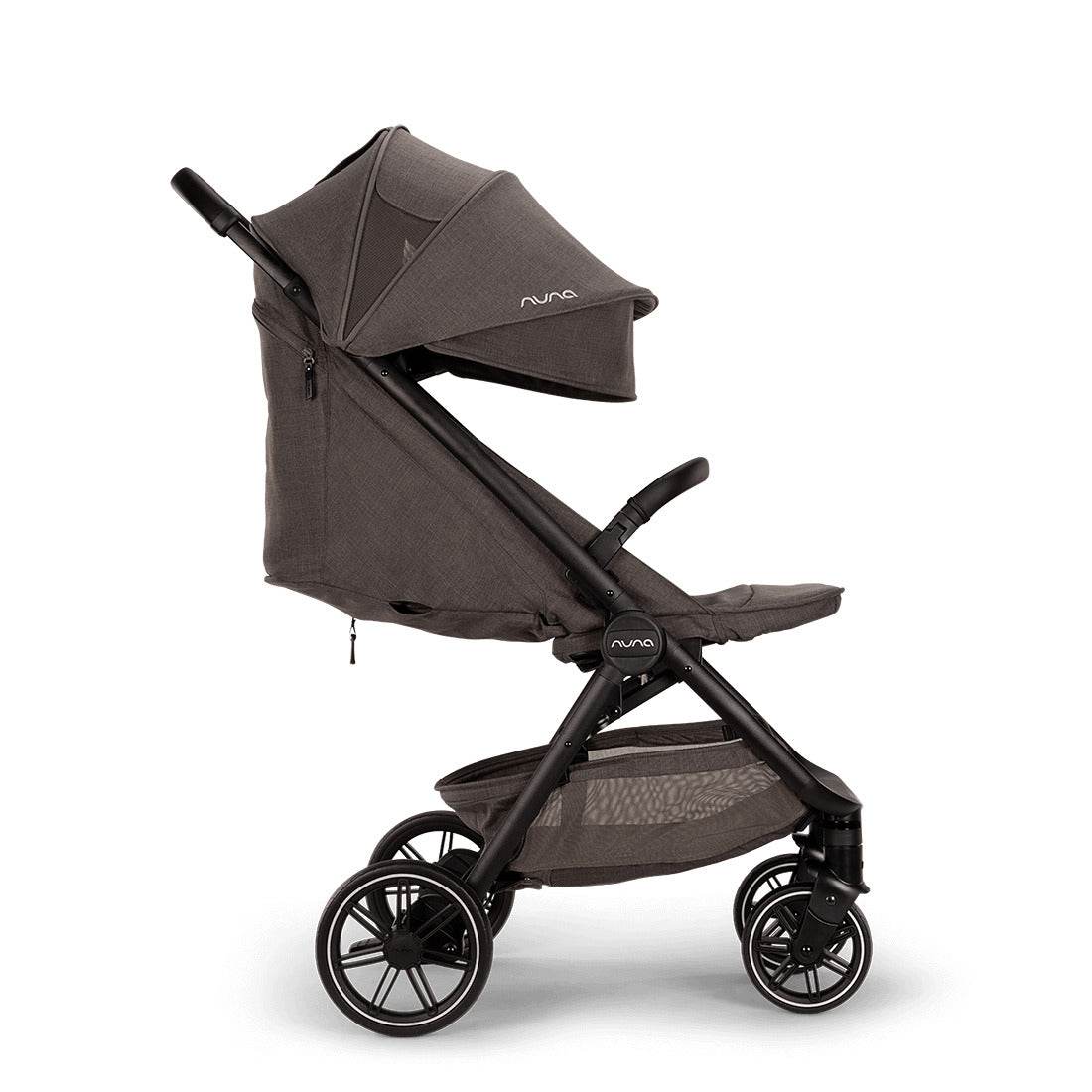 Nuna Trvl Lx Pram in Thunder, reclined position side view