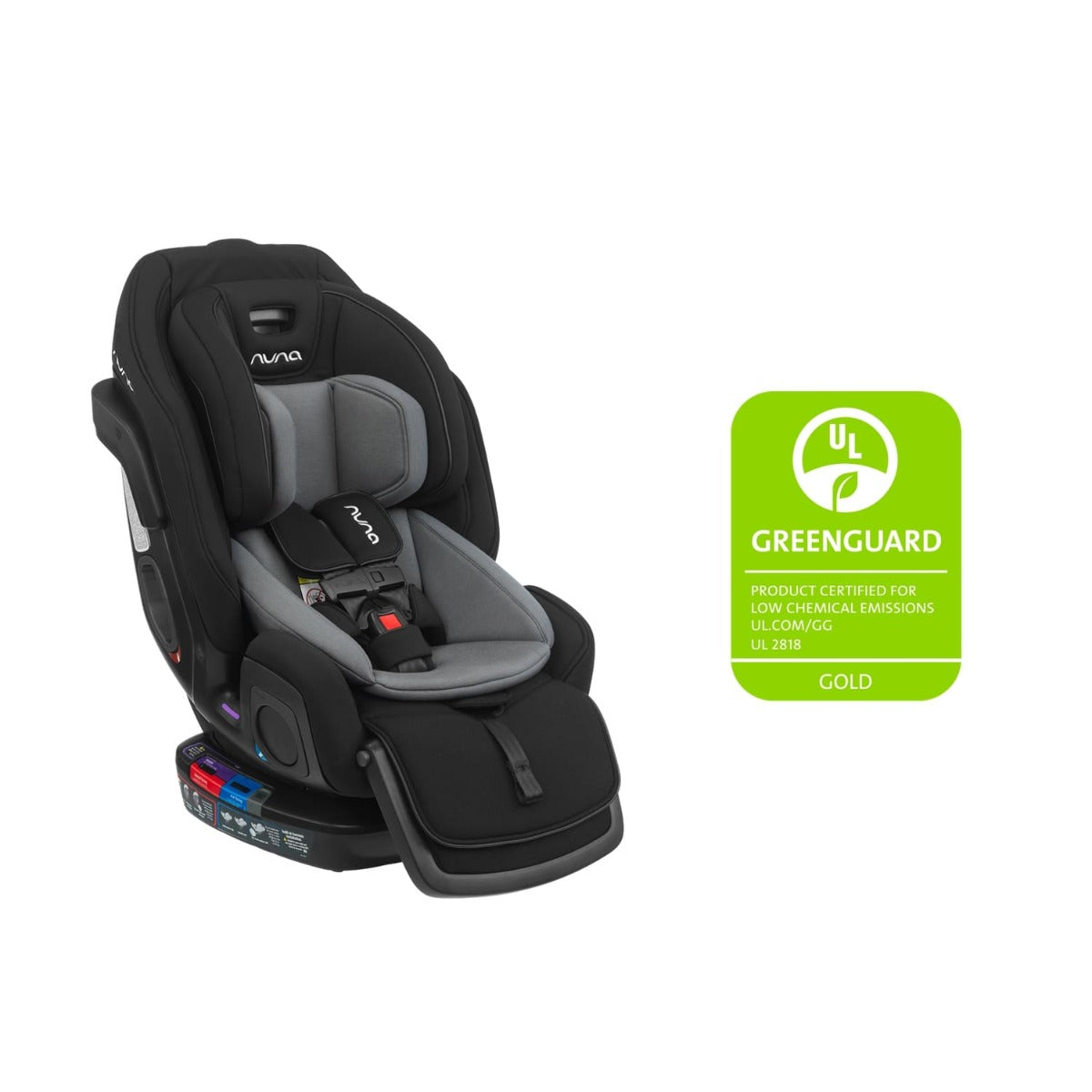 Nuna Exec Carseat capsule in caviar installed on car seat Angle View with greenguard
