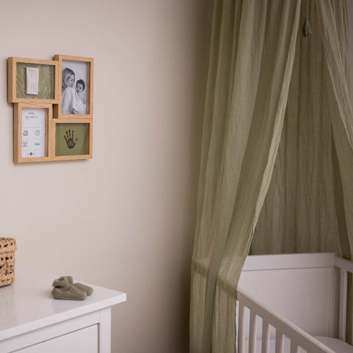 Petit Artichaut puzzle frame baby imprint keepsake with olive background hanging on a wall in nursery as decor