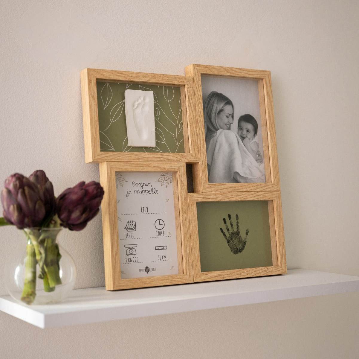 Petit Artichaut puzzle frames baby imprint keepsake with olive tree background on a table