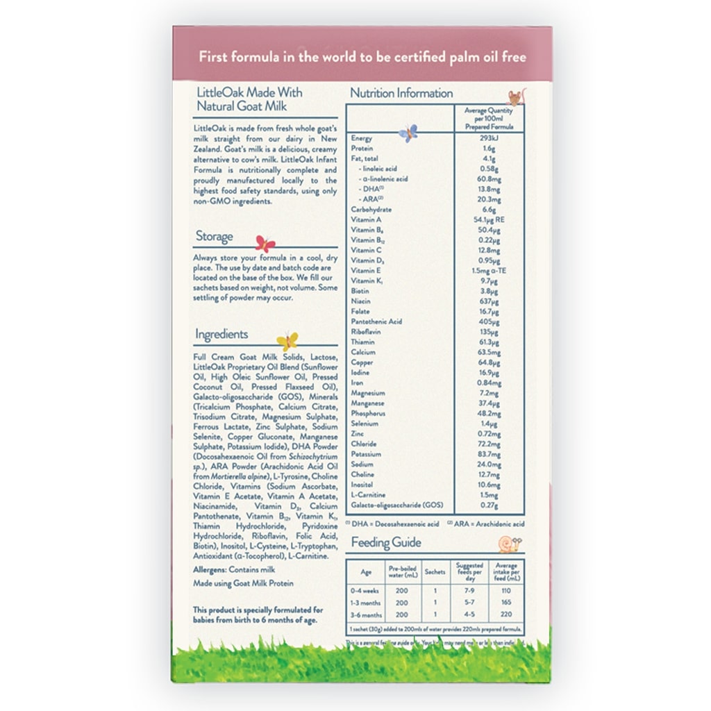 Little Oak Natural Goats Milk Sachet stage 1 180g ingredients