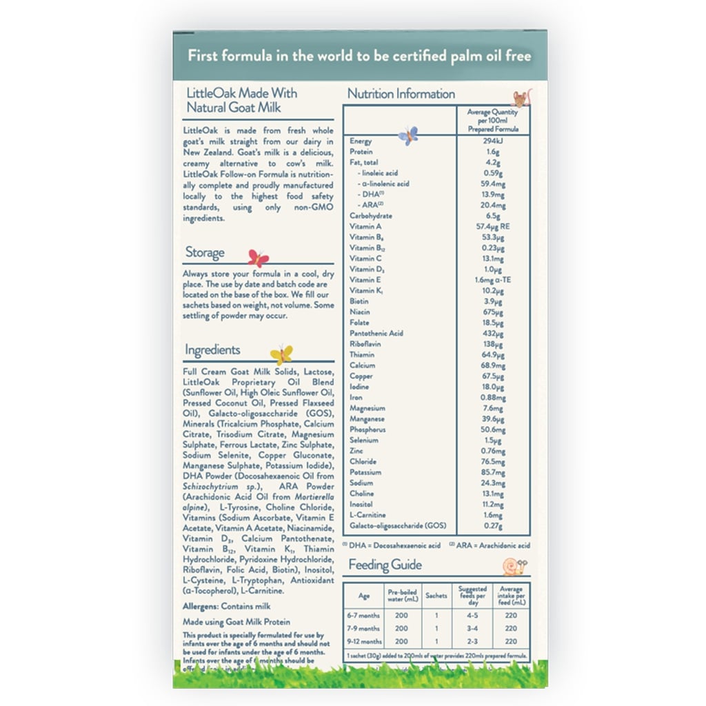 Little Oak Natural Goats MIlk sachets stage 2 180g ingredients