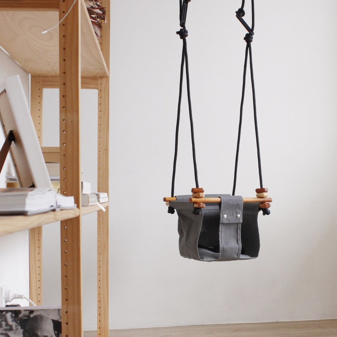 SOLVEJ Baby Toddler Swing in smokey grey lifestyle