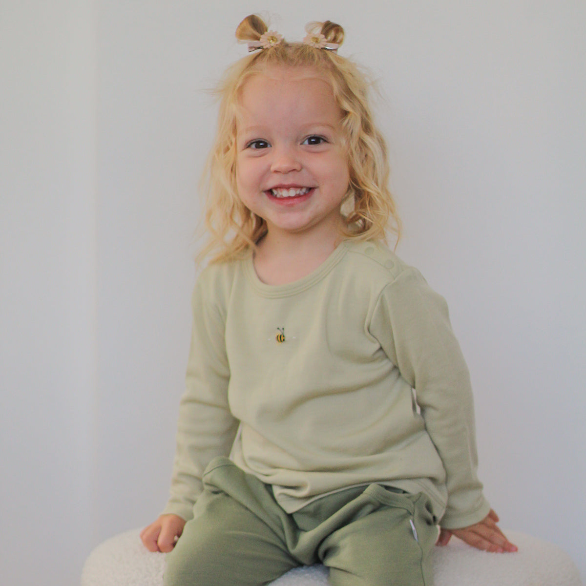 Cosy Dreams Merino long sleeve top in tea green bee from Dimples New Zealand