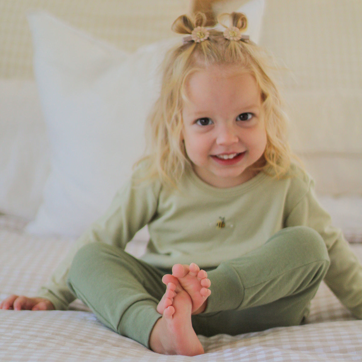 Cosy Dreams Merino long sleeve top in tea green bee from Dimples New Zealand