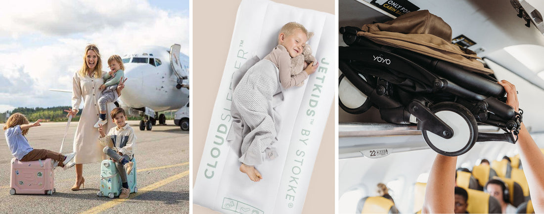 Collage of travel with baby essentials