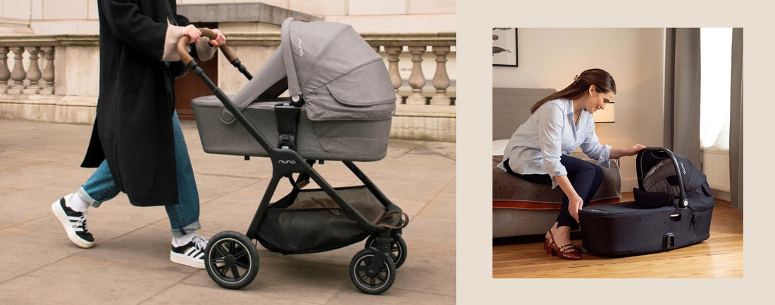 Mother walking with Carrycot attached with a stroller and another mother in a room with baby sleeping in a carrycot in a floor
