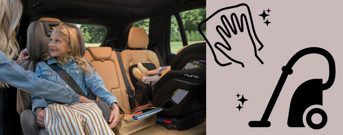 Mother buckling up daughter in car seat in a car