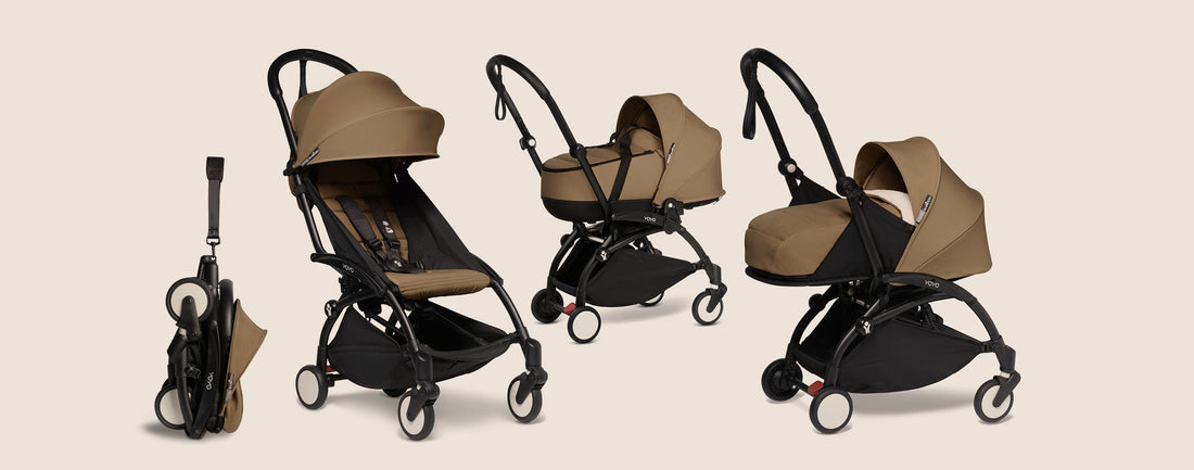 Babyzen stroller display with different positions, seat pack and carry cot