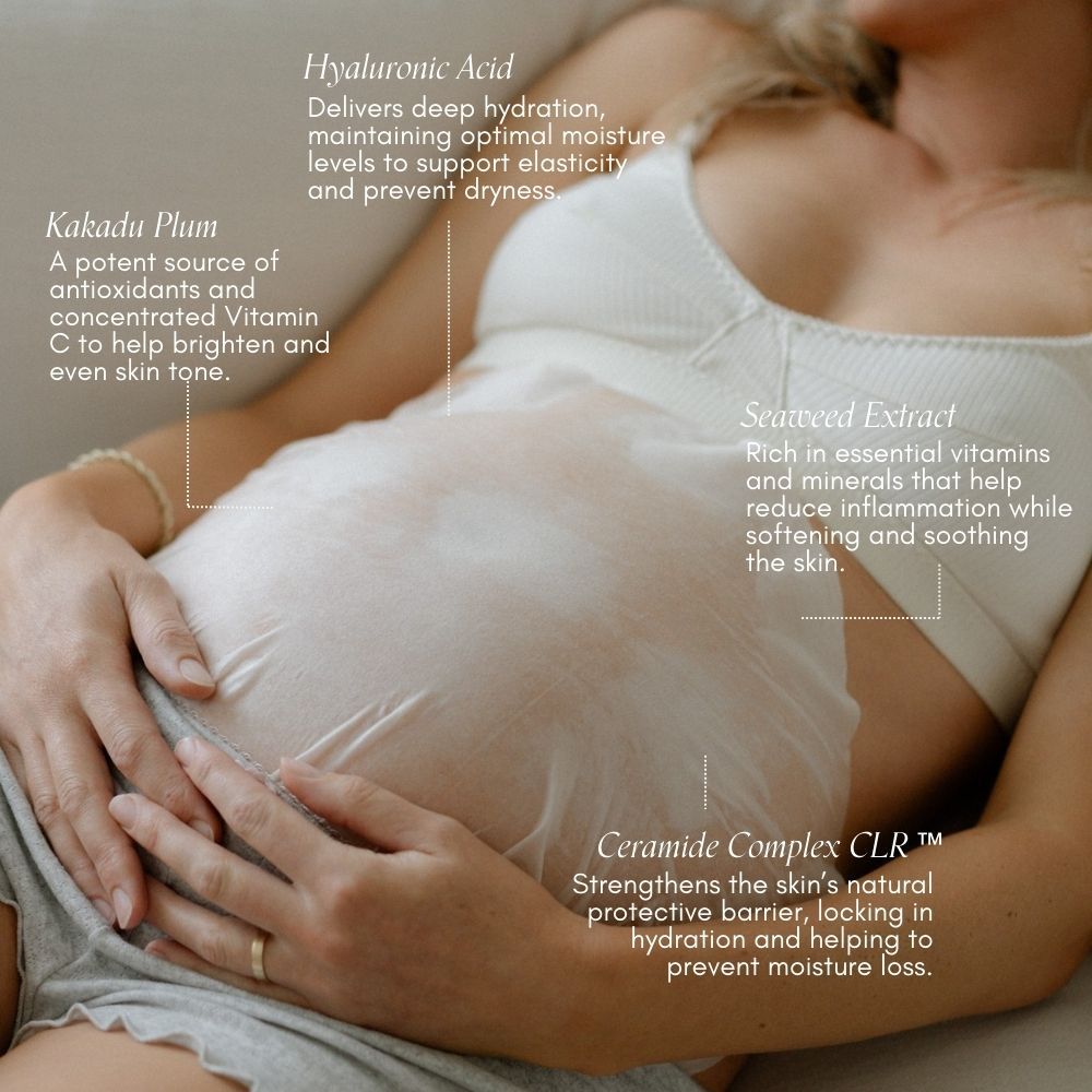 Woman using the Belly Hydration Mask information