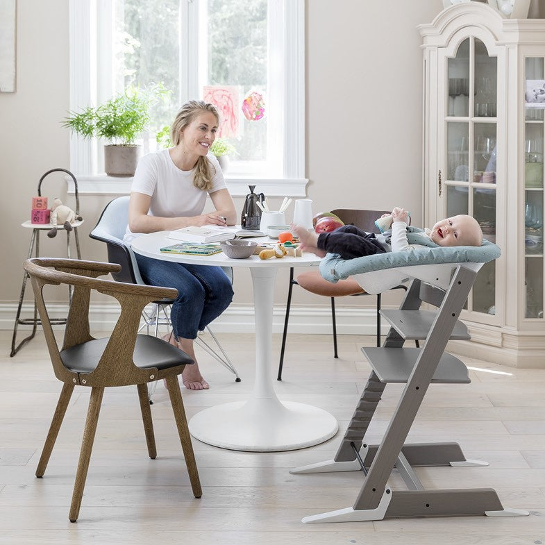 Stokke tripp trapp highchair in Storm Grey Lifestyle with Newborn set