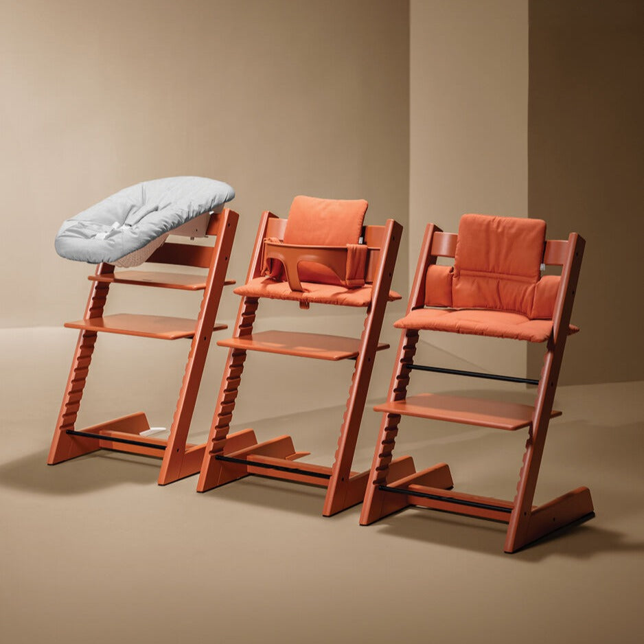 Terracotta Stokke Tripp Trapp Highchair with babyset, newborn set and cushion