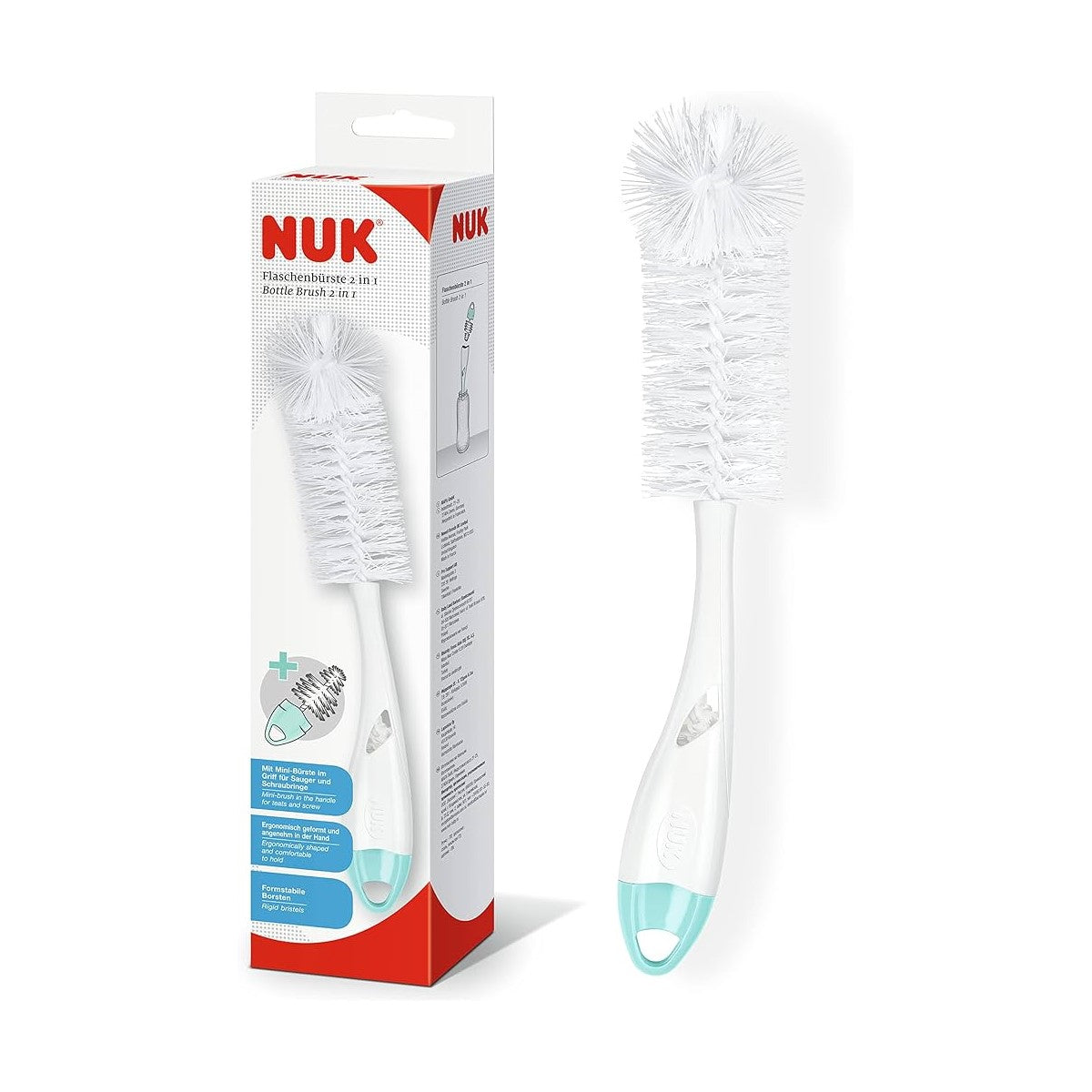 NUK Bottle Brush 2 in 1 with Teat Brush with mint coloured handle and packaging box with details