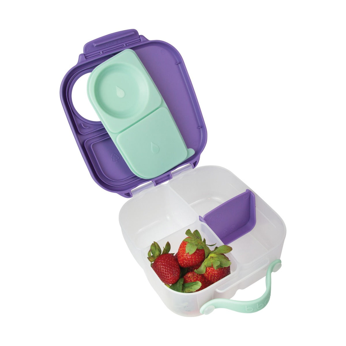 Lilac Pop Mini lunch box from B.box filled one compartment with strawberries 