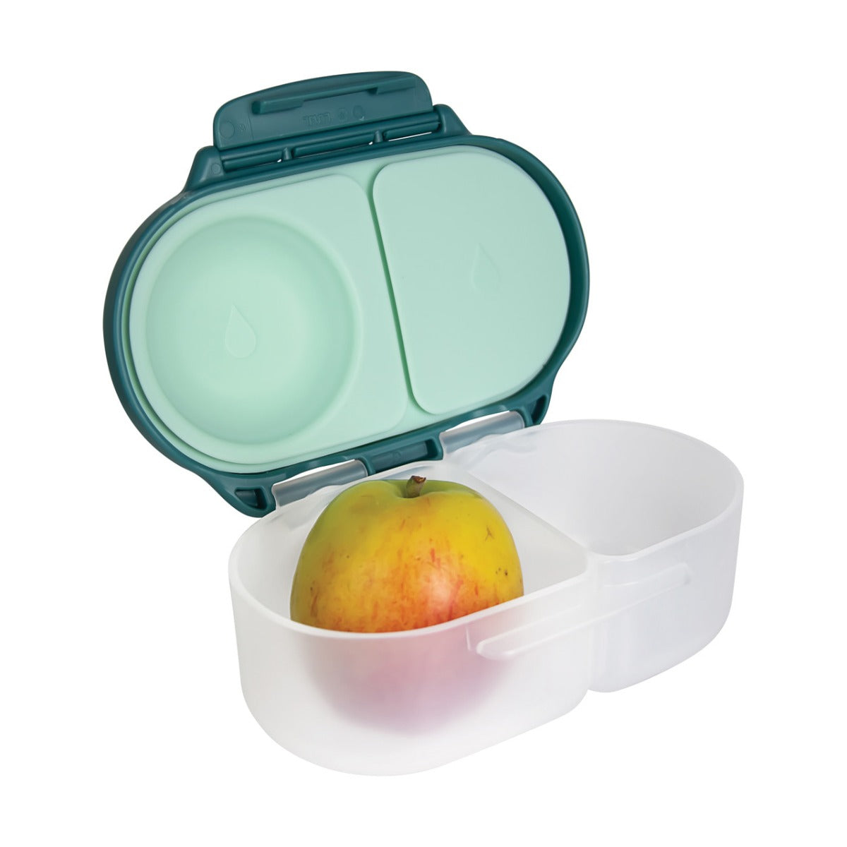 B.box Snack lunch box in emerald forest with apple in it.