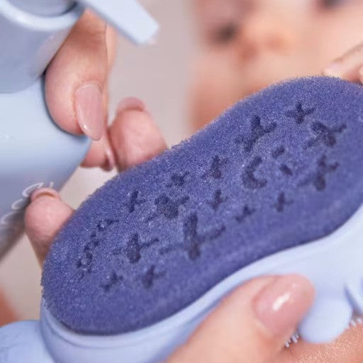Baby Bath Brush Lullaby Blue Fox close up of sponge lifestyle shot