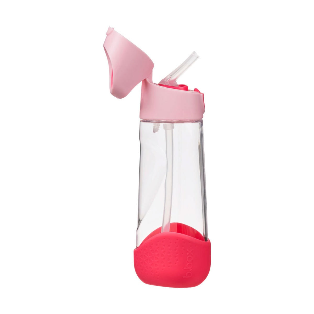 B.Box Tritan Drink Bottle Flamingo colour open lid side view