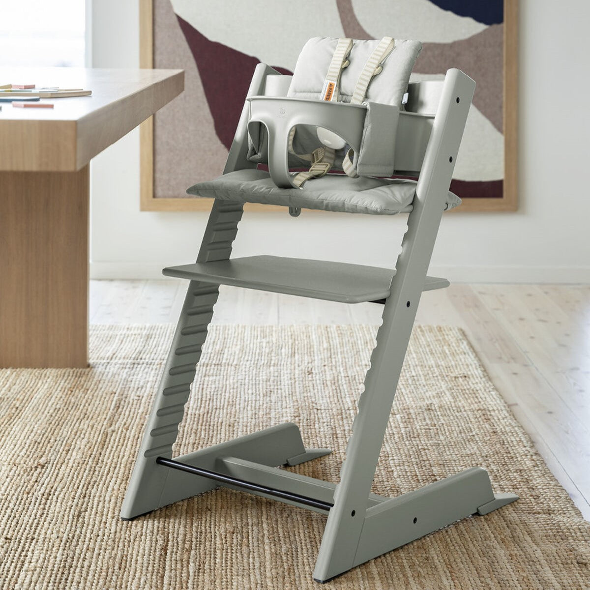 Tripp Trapp Cushion in Glacier Green on highchair