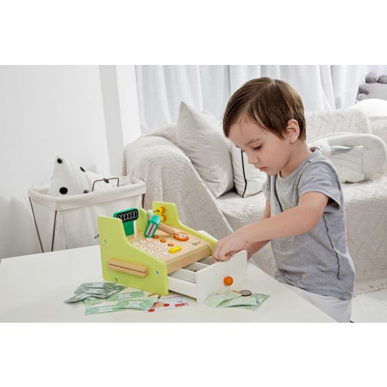 Boy playing with Wooden Cash Register for Profession roleplay