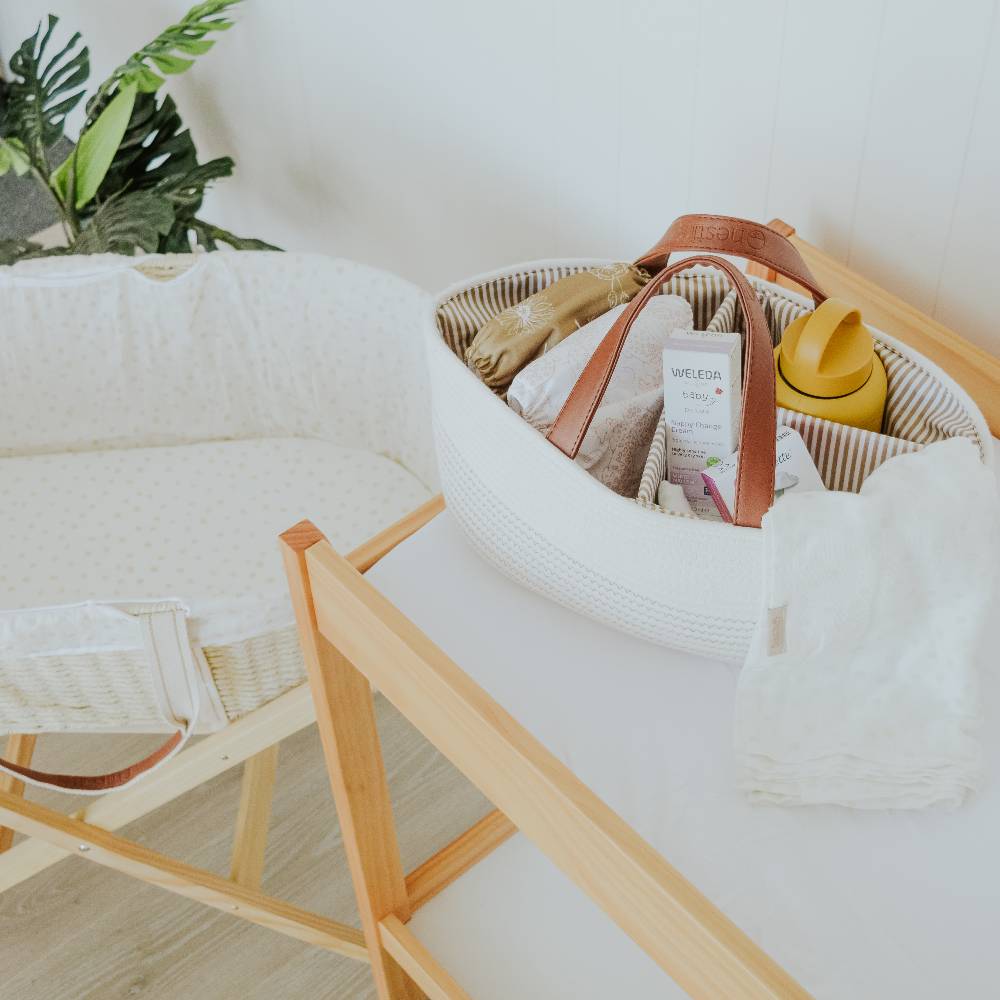 Nappy caddy in white filled with goods