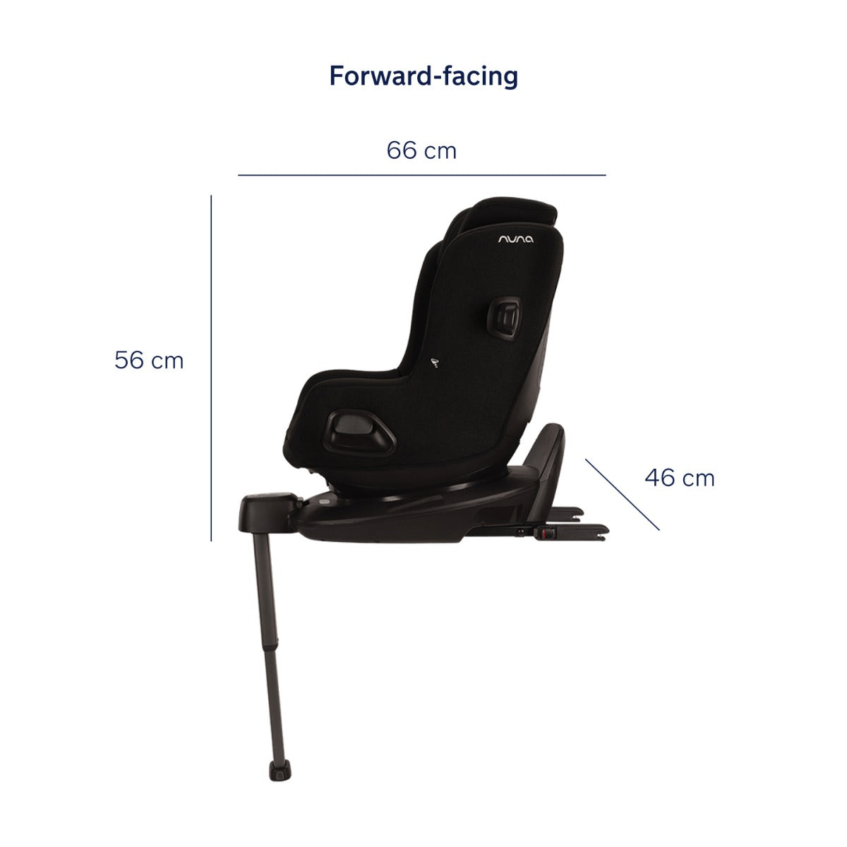 Pruu car seat in caviar from view attached with a base dimension