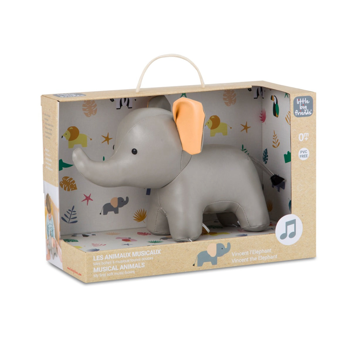 Musical elephant toy in grey from little big friends in box