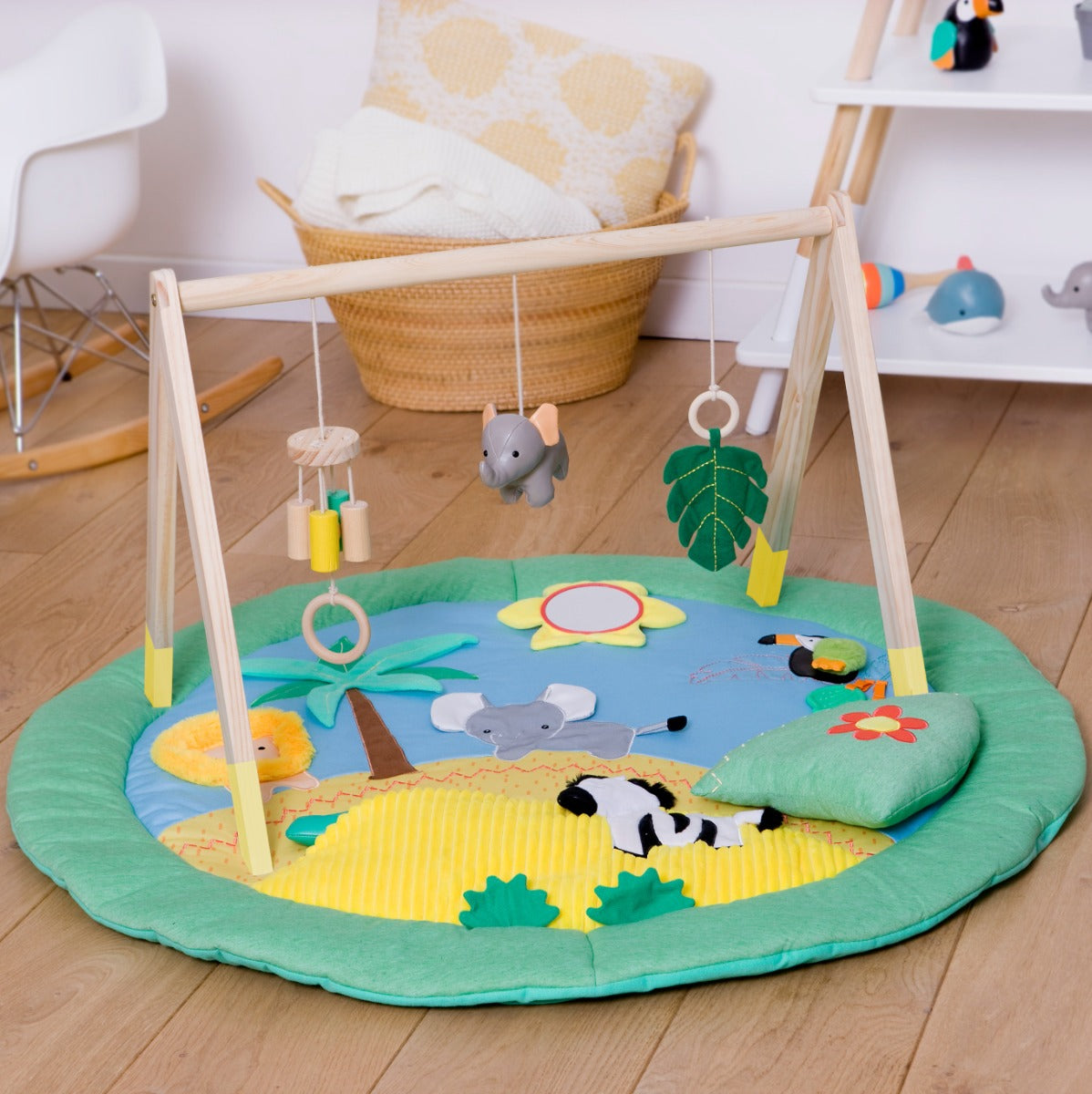 Wooden Activity gym and playmat with jungle theme