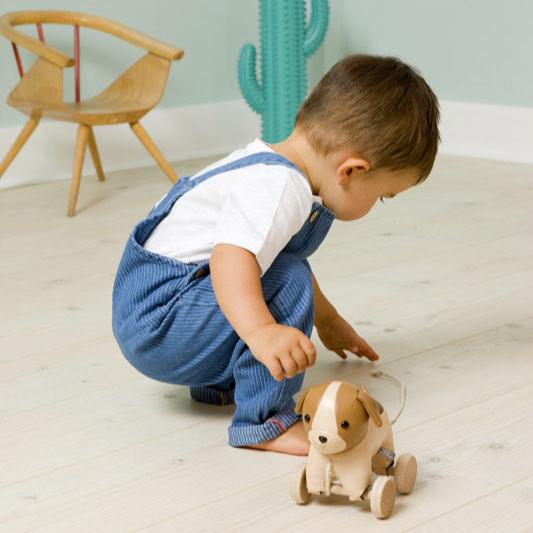 Young child playing with Adrien the Dog Pull along 