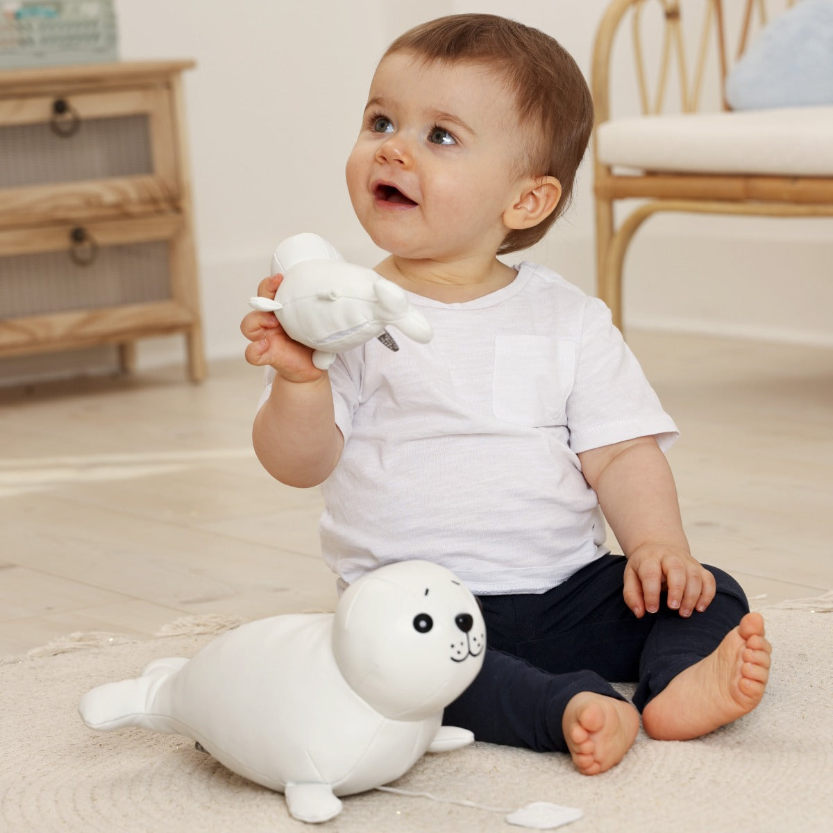 Baby boy playing with tiny and musical seal toy