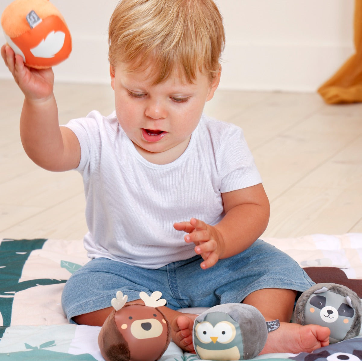 Boy playing with Roly Poly soft animals balls for kids from Little Big Friends