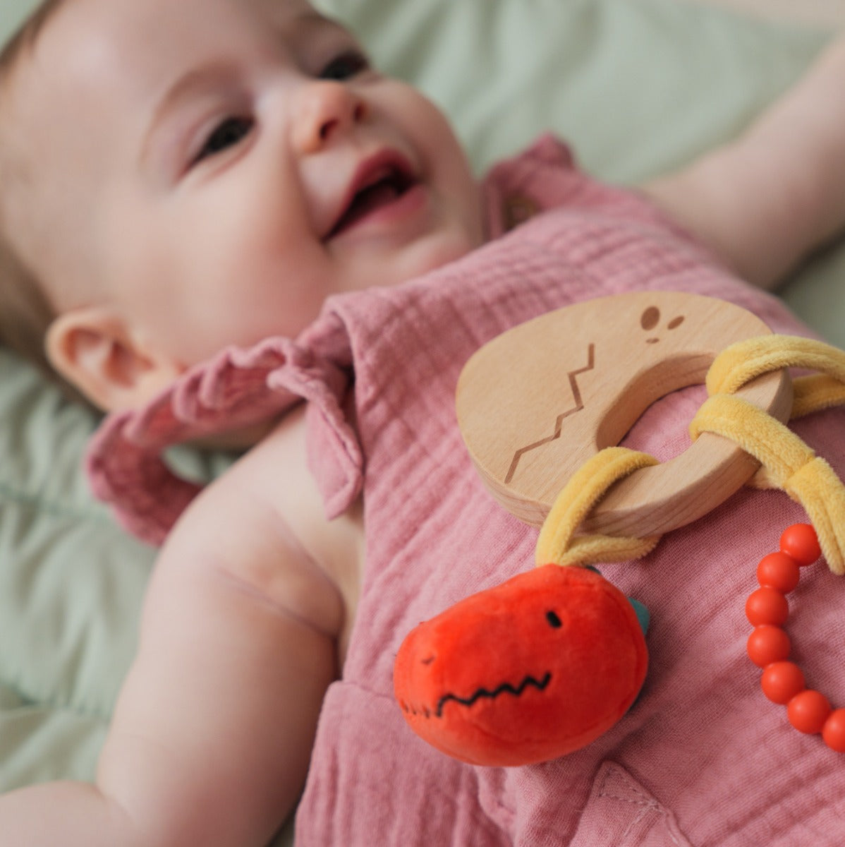Little big friends wooden rattle with dino theme on a baby