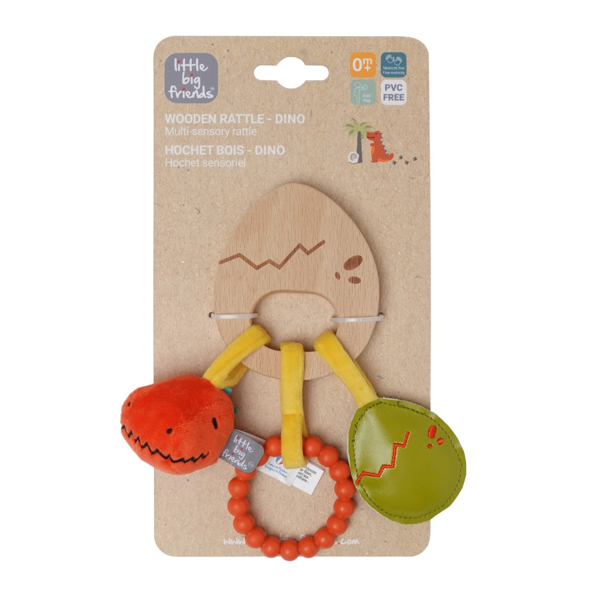 Little big friends wooden rattle with dino theme packaging