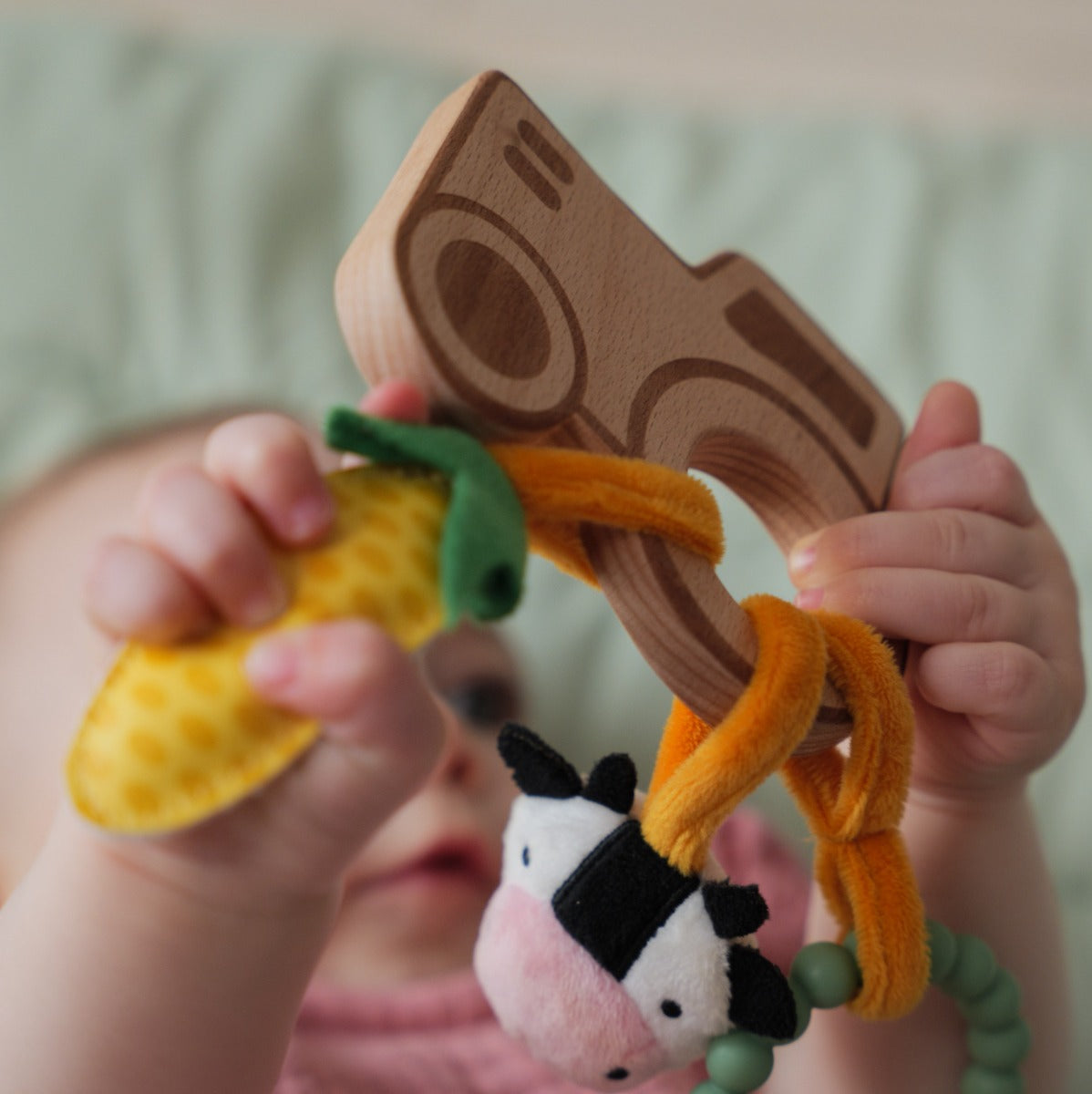 Kid holding Little big friends wooden rattle with farm theme