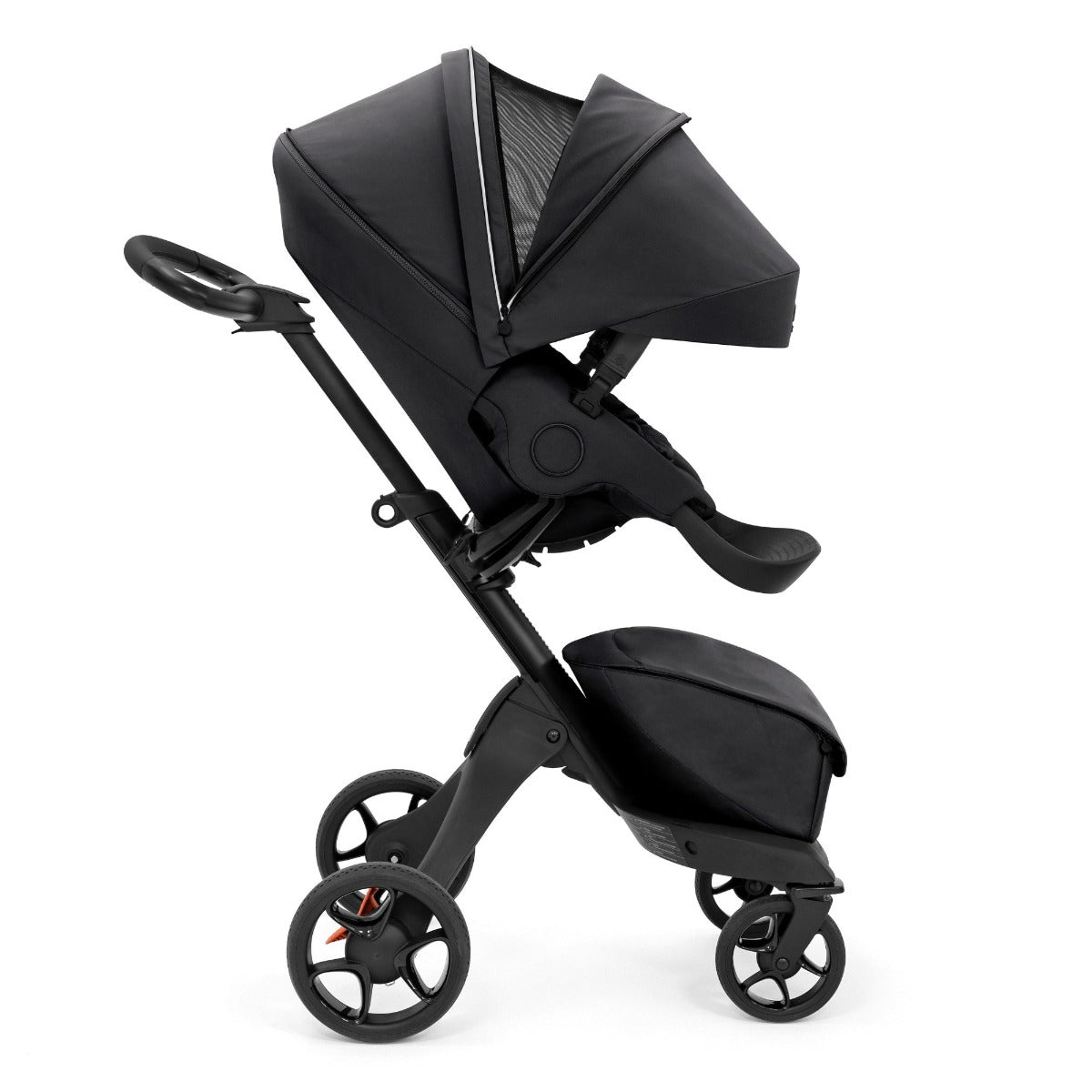 Stokke Xplory X in Rich Black side view forward facing with extended hood and vent open